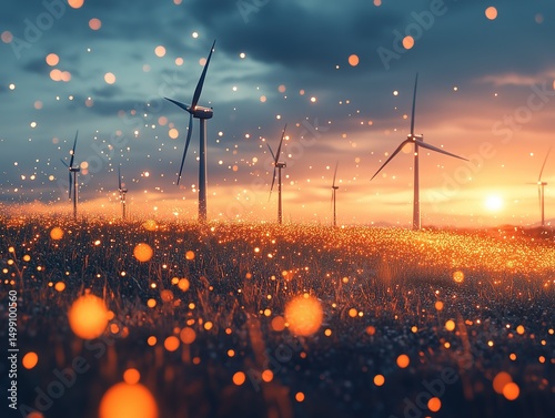 Biomimetic Wind Turbines Emitting Glowing Pollen-Shaped Energy Particles at Night with Cyan-Silver Gradient Lighting: Futuristic Sustainable Energy Concept for Eco-Tech Visualization photo