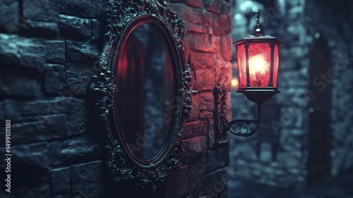 Dark, gothic, ornate mirror and lantern in a stone wall