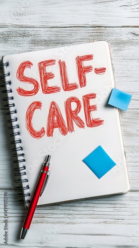 Self-care checklist written in notebook with pen on wooden surface