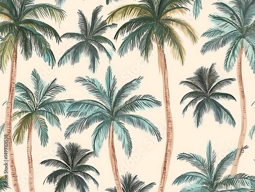 Hand drawn palm tree seamless pattern illustration set. Hawaiian print collection, summer vacation background in vintage art style. Tropical plant painting wallpaper


