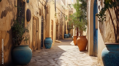 Sunlit Mediterranean Alley with Terracotta and Blue Pots