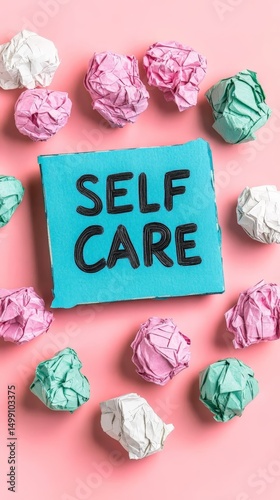 Self-care note on blue paper surrounded by crumpled paper balls