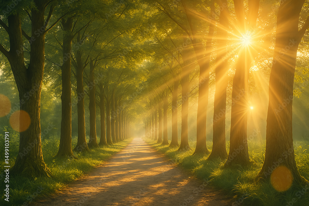 Obraz premium Sunlit path through serene tree-lined forest.
