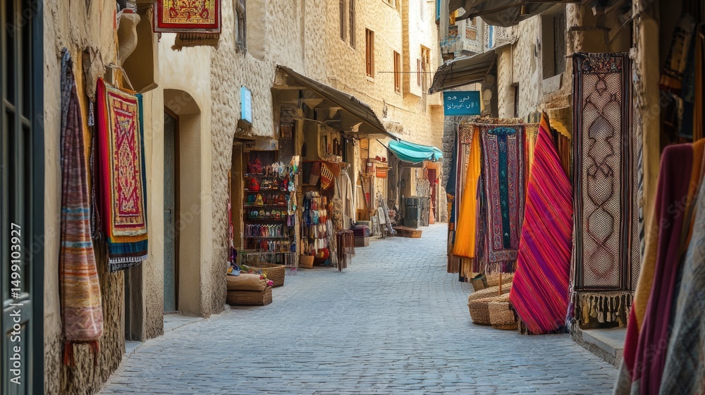 Naklejka premium Vibrant Textiles and Cobblestone Alleyway in a Historic Market