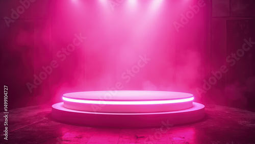 Modern illuminated pink stage with fog and spotlights for product display or presentation backgrounds