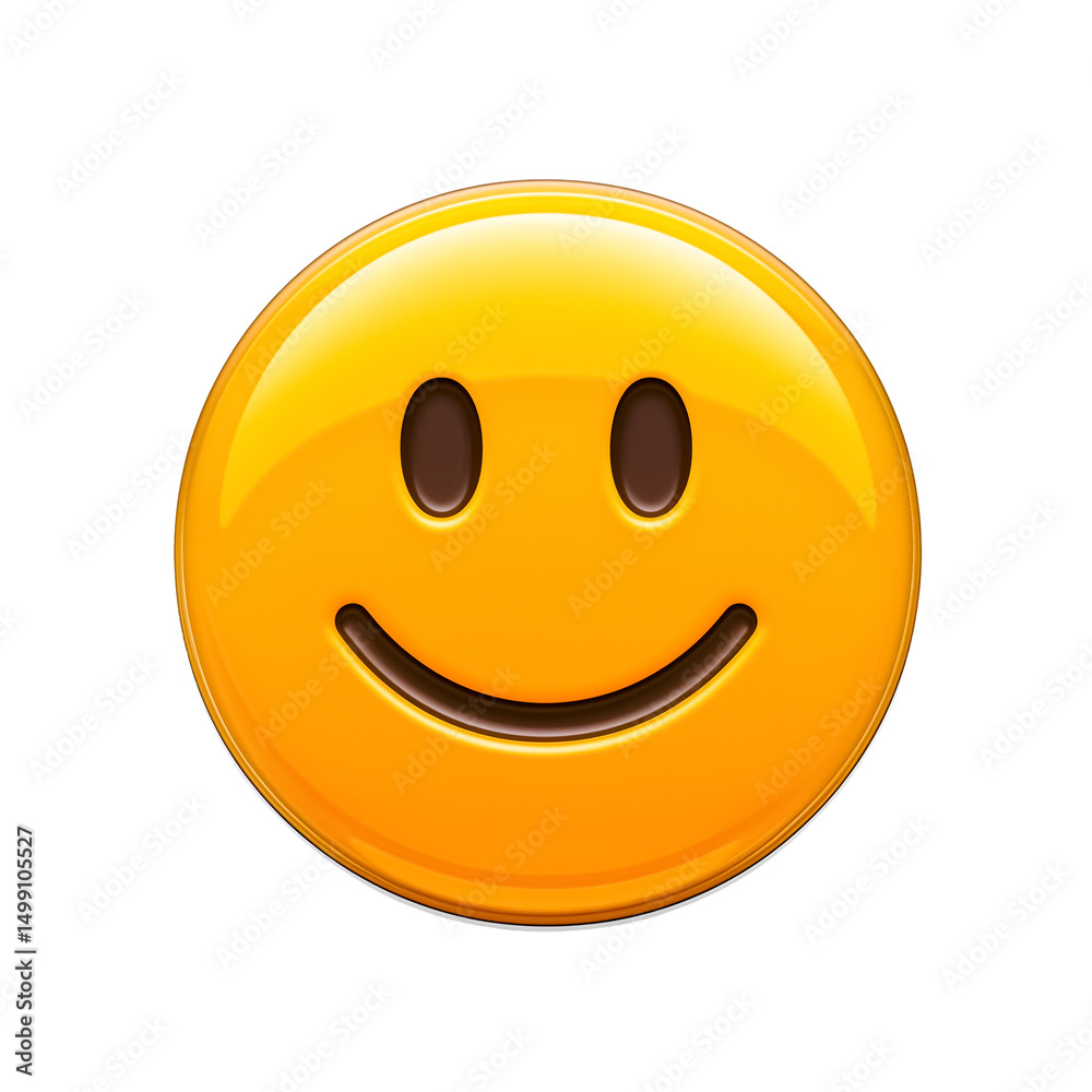 Fototapeta premium Glossy yellow smiley face emoji with black eyes and a cheerful expression isolated on a transparent background.