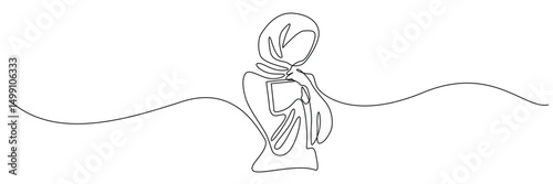 one continuous line muslim woman hugging Quran. vector illustration one line arab wearing hijab with holy book. line art. eps 10