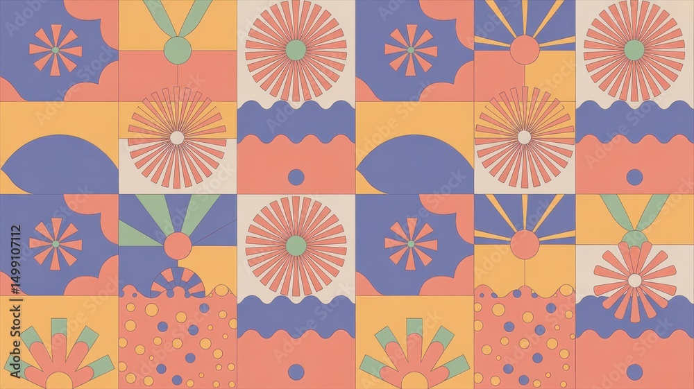 Naklejka premium Retro Grid Pattern with Sunburst and Wave Motifs in Pastels.