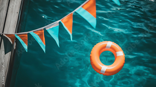 Festive buoyancy: A vibrant life preserver floats beneath colorful pennants on water