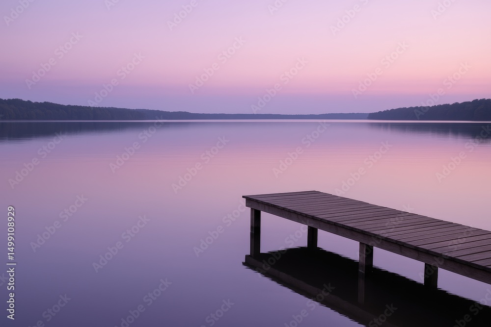 Fototapeta premium Tranquil lake at sunset with wooden pier and colorful sky reflection