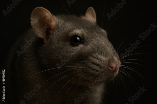 Close-up of a gray rat on dark background with whiskers visible