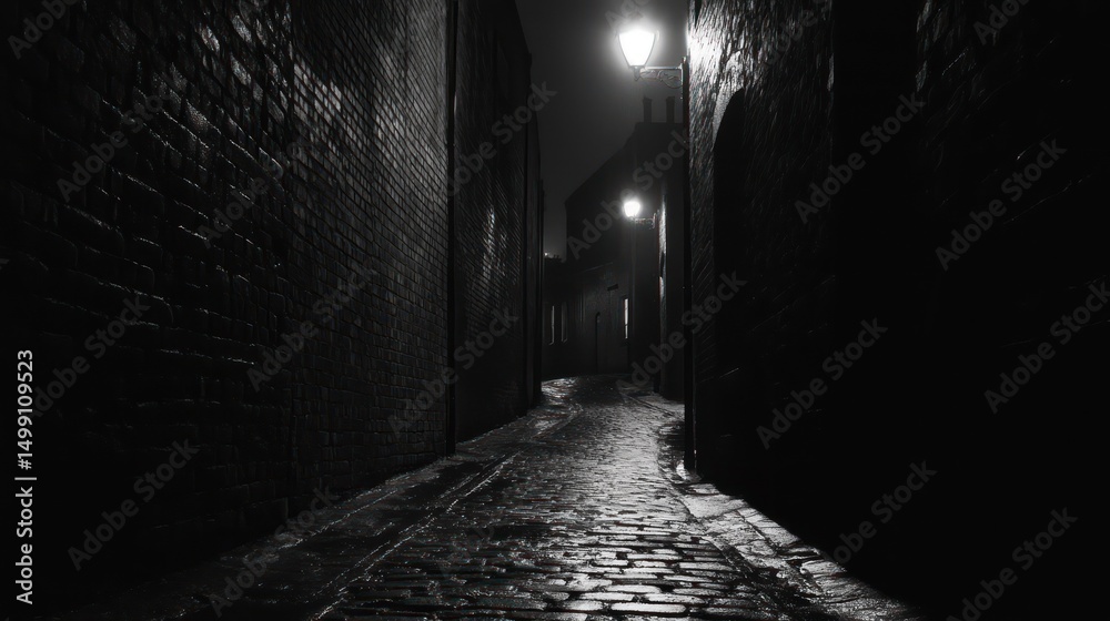 Obraz premium Dark, cobblestone alleyway, night, rain, city, mystery, film noir, background buildings, suspense, book cover