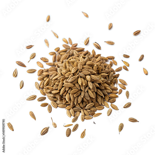 A scattering of dried Ajwain seeds are concentrated in a pile on a solid white background. These fragrant seeds may be used for culinary or medicinal purposes