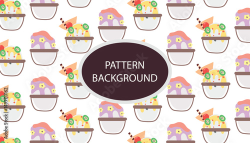 shaved ice pattern background. Shaved Ice with Topping .vector pattern with ice cream and Korean traditional ice flakes dessert called bingsu. Menu, poster, banner, flyer template for a cafe.