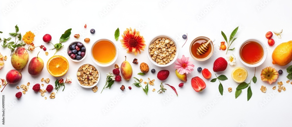 Vibrant Healthy Breakfast Spread: A Delightful Arrangement of Fruits, Granola, Honey, and Tea Vibrant Healthy Breakfast Spread: A Delightful Arrangement of Fruits, Granola, Honey, and Tea