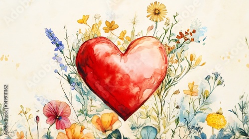 A watercolor heart surrounded by floral illustrations