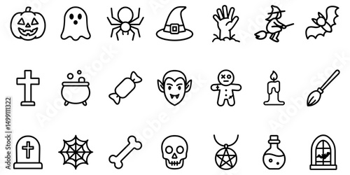 Spooky Halloween Icon Set featuring a variety of ghostly figures and scary symbols in black and white minimal style