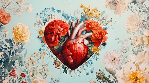 A watercolor heart surrounded by floral illustrations