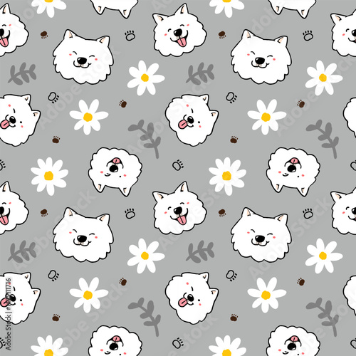 Seamless Pattern with Cute Cartoon Dog Face and Flower Design on Grey Background.Hand Drawn Vector Illustration. 