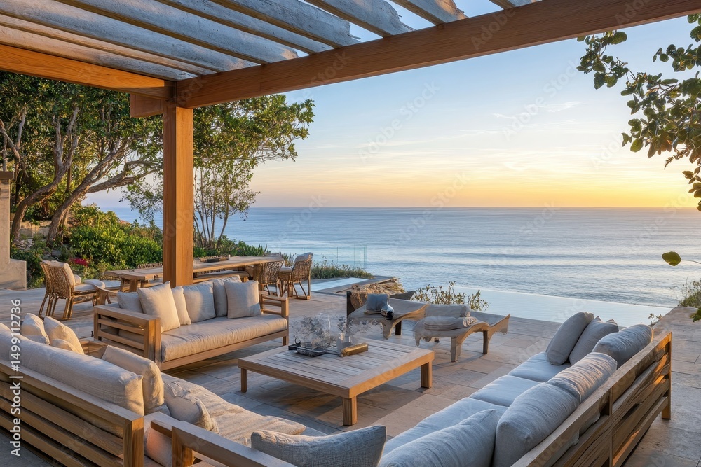 Fototapeta premium Luxurious outdoor lounge overlooking serene coastal views at sunset with comfortable seating and elegant decor