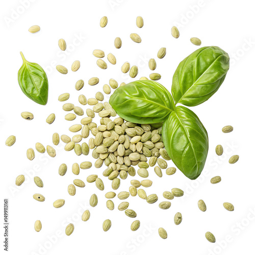 A scattering of oval basil seeds surrounds three fresh basil leaves and a pile of more seeds on a clean white surface presented for Ayurvedic applications