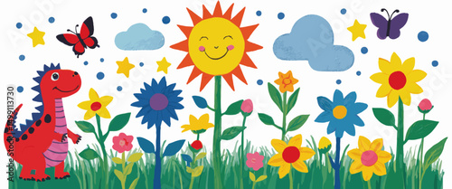 Colorful Children's Illustration with Dinosaur, Sun, Flowers, and Butterflies in a Vibrant Garden Scene