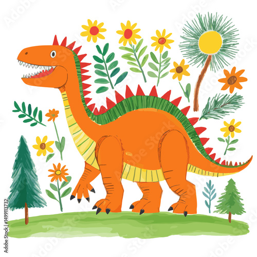 Colorful Dinosaur Illustration with Vibrant Flowers and Trees in a Whimsical Nature Setting