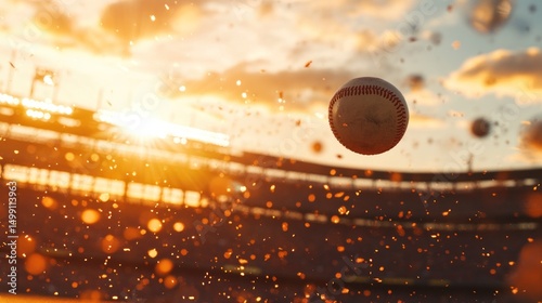 Baseball Sunset Spectacle: A Stunning Image of a Baseball soaring through the air, surrounded by a magical sunset backdrop in a stadium