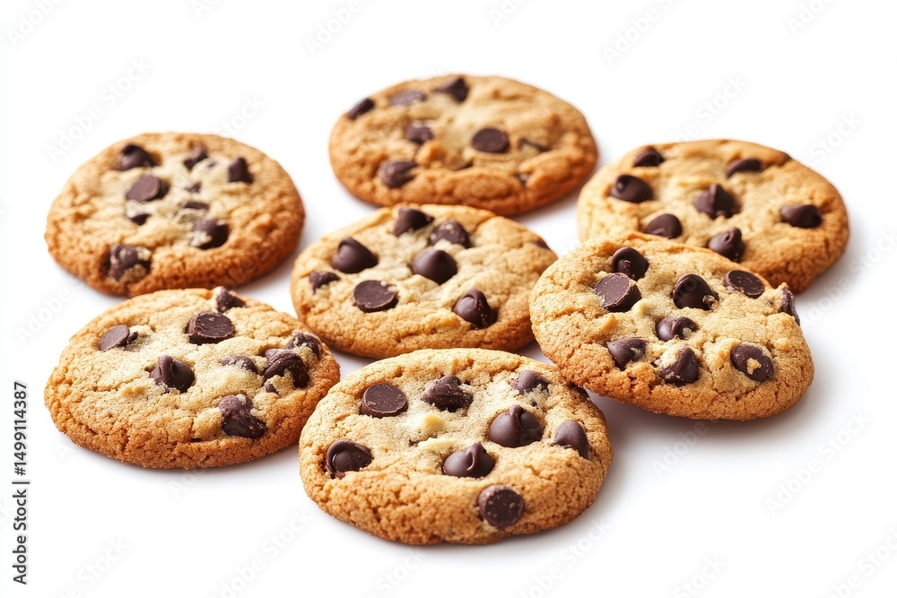 Half chocolate chip cookies arranged on a clean white surface, showcasing their golden brown edges and rich chocolate morsels, ideal for sweet treats or dessert inspiration in any kitchen Half chocolate chip cookies arranged on a clean white surface, showcasing their golden brown edges and rich chocolate morsels, ideal for sweet treats or dessert inspiration in any kitchen