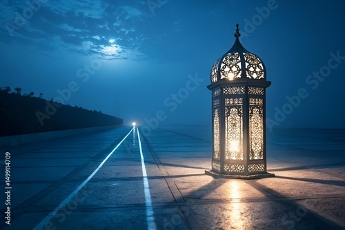 Photo-Realistic Night Lantern on Road with Warm Glow and Ethereal Light Trails