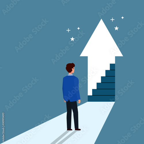 Businessman standing in front the door leading to the top floor with stairs. Success path or open door to career chance. Door to career opportunities concept.