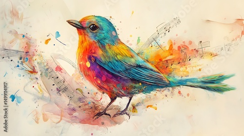A whimsical bird with rainbow-colored feathers and a musical voice