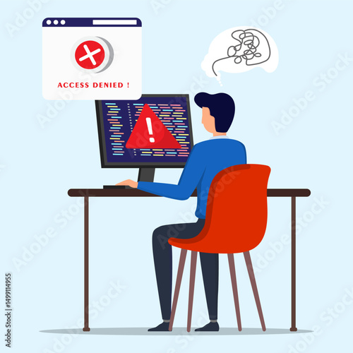 Young man confused and feeling anxious to looking access denied on his computer. Cyber crime, hacker attack, phishing and fraud personal account.