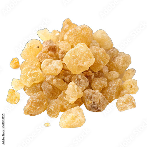 An isolated group of yellow and brown Boswellia pieces cut out and shown on a blank white background. They are ingredients for ayurvedic medicine practices