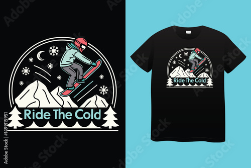 Extreme Snowboard Action with Mountain Background – Sportswear Print, Winter Sport Adventure – Snowboarder Racing in Snowy Mountains.