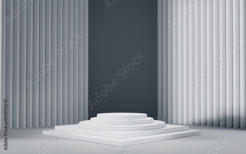 Fototapeta Naklejka Na Ścianę i Meble -  3d gray room background with white podium and column. Product display with platform. Abstract geometric light scene.