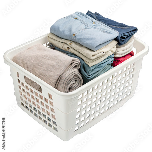 A white laundry basket is filled with folded clothes including shirts pants and a rolled blanket. The basket shows clean laundry ready to be put away