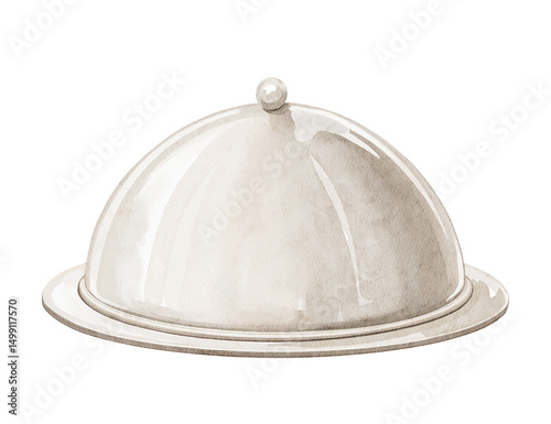 Watercolor vintage iron metal kitchen tray with dome for food and dishes isolated on white background. Hand drawn illustration sketch