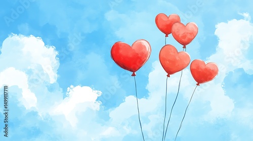 A whimsical illustration of heart-shaped balloons floating upward