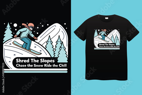 Extreme Snowboard Action with Mountain Background – Sportswear Print, Winter Sport Adventure – Snowboarder Racing in Snowy Mountains.