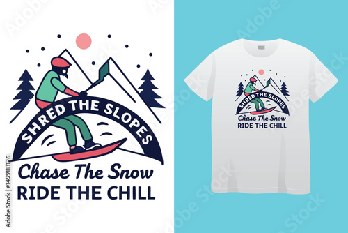 Extreme Snowboard Action with Mountain Background – Sportswear Print, Winter Sport Adventure – Snowboarder Racing in Snowy Mountains.
