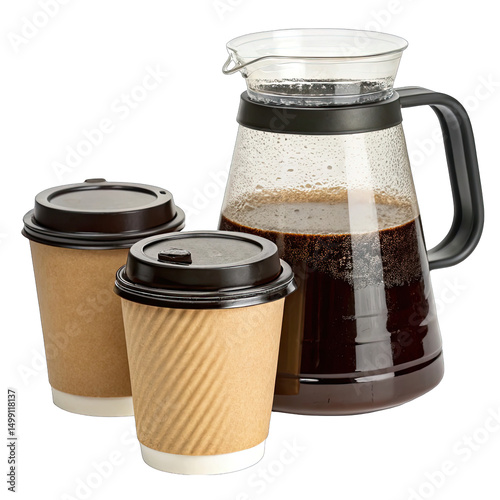Two paper cups with lids sit next to a glass coffee jug. The jug is filled with dark coffee ready for serving