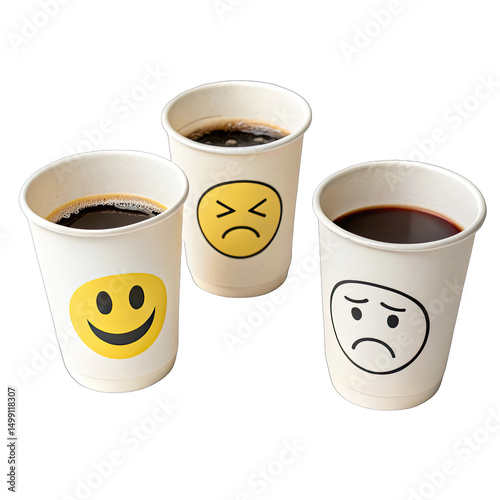 Three cups of coffee feature different emotional expressions. One displays a happy face another a grumpy face and the last shows a sad face