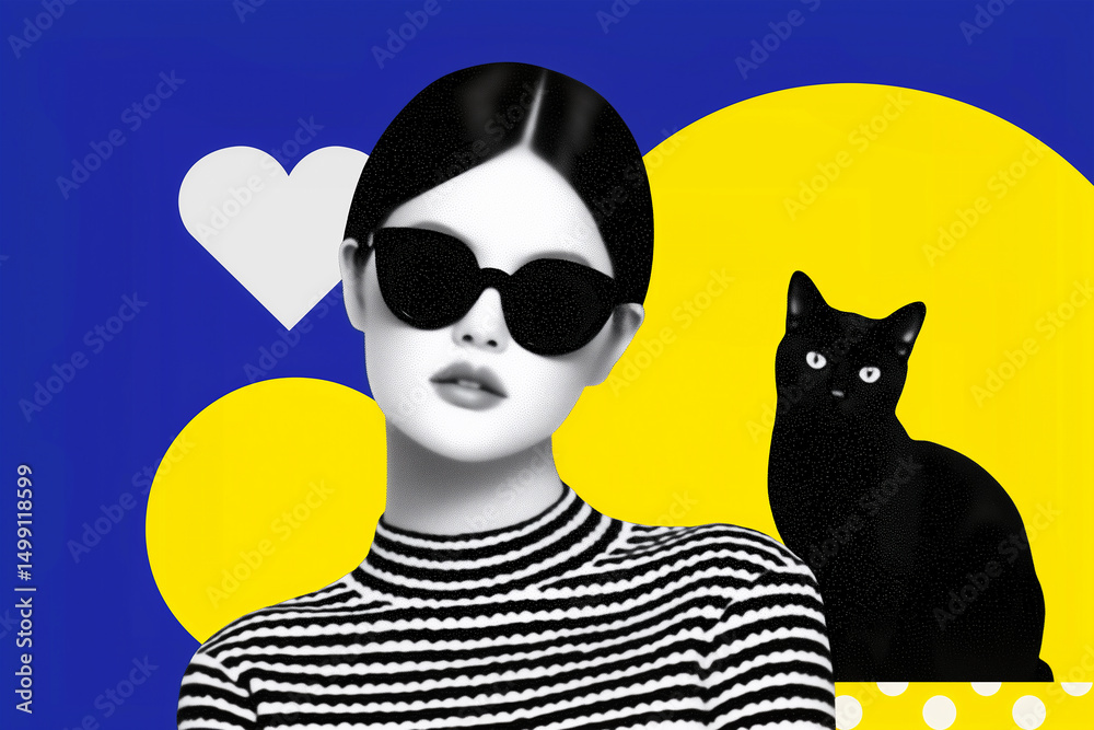 Fototapeta premium Pop Art Woman with Black Cat and Yellow Circles on Blue