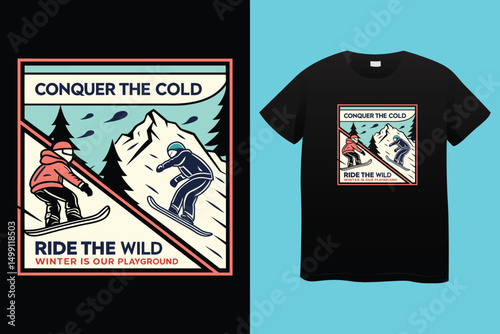 Extreme Snowboard Action with Mountain Background – Sportswear Print, Winter Sport Adventure – Snowboarder Racing in Snowy Mountains.