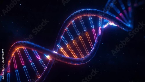 Abstract DNA strand rotating in space with colorful light effects  