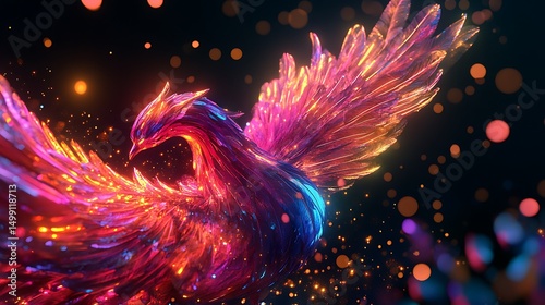 A whimsical phoenix with radiant, glowing feathers