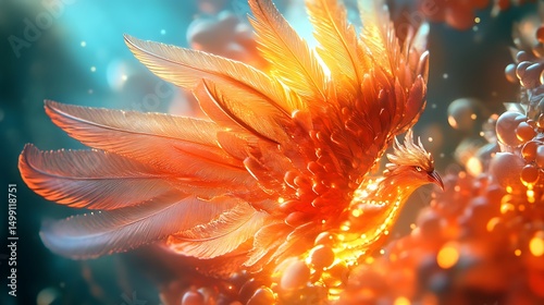 A whimsical phoenix with radiant, glowing feathers
