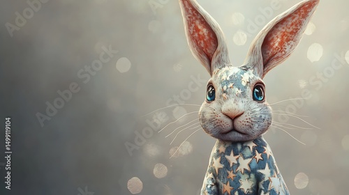 A whimsical rabbit with oversized ears and starry patterns