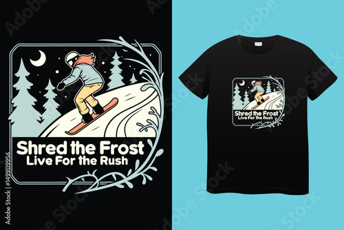 High-Speed Snowboarding in Snow-Covered Forest – Action Sports Design, Stylish Winter Athlete Snowboarding – Retro Vector Graphic for Apparel.
